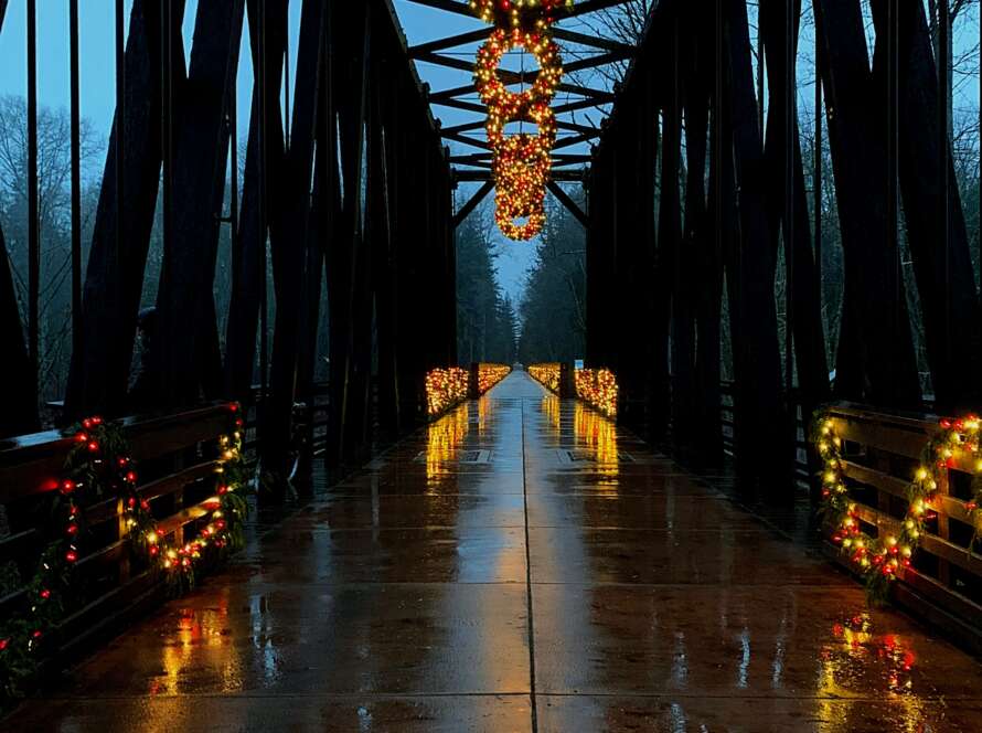 Bridge Pathway with Christmas Lights